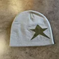 Grey knitted star beanie detail shot, autumn winter warm pullover hat texture showcase. - M (52-60cm) / Gray Army Green