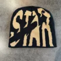 Black knit beanie hat with bold letter pattern, warm hip-hop streetwear winter cap for daily wear. - M (52-60cm) / Black and Camel