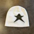 White knit winter beanie featuring a stylish green star jacquard pattern for women. - M (52-60cm) / White Army Green