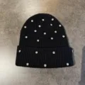 Black knit beanie hat with sparkling rhinestones, warm winter fashion streetwear stylish cap. - M (52-60cm) / Rhinestone Beanie / Black