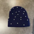 Rhinestone knit beanie detail shot, dark blue winter warm cap with sparkling crystals. - M (52-60cm) / Rhinestone Beanie / Navy Blue