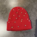 Red knitted beanie for women, featuring sparkling rhinestones, double layer warm winter hat. - M (52-60cm) / Rhinestone Beanie / Red