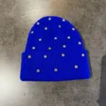 Blue rhinestone knit beanie detail, stylish winter warm casual street style hat for women. - M (52-60cm) / Rhinestone Beanie / Sapphire Blue