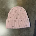 Detailed close-up of pink knitted beanie embellished with sparkling rhinestones, cozy texture. - M (52-60cm) / Rhinestone Beanie / Pink