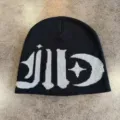 Black knit beanie hat featuring bold gothic style typography and contrast star moon pattern. - M (52-59) / Black Gray Style