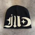 Black streetwear knitted beanie with contrast gothic graphic pattern for autumn and winter warmth. - M (52-59) / Black and Khaki