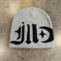Grey knitted beanie hat with stylish gothic lettering and star moon pattern for winter warmth. - M (52-59) / Gray