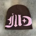 Fall winter brown knit beanie hat with pink contrast gothic streetwear warm cool skull cap - M (52-59) / Coffee and Pink