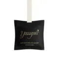 Black hanging car perfume sachet and wardrobe air freshener with elegant gold text design. - Shangri-La Scent