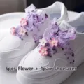 White platform sneakers with purple floral organza ribbons and pink flower charms set - Style 1