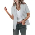 Women stylish short-sleeve blazer lapel solid color casual summer outerwear jacket top. - S / Tops / Light Gray