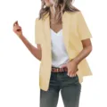 Close up detail of women solid color short sleeve blazer suit collar casual outer jacket. - S / Tops / Apricot