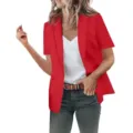 Women stylish short sleeve red blazer casual lapel solid color suit jacket outer wear - S / Tops / Red