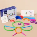 Kids wooden stick and ring puzzle educational toy set with metal box and 30 flashcards for early learning - Creative Ring Stick Tin Box Puzzle