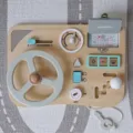 Tavola sensoriale in legno per bambini, volante di simulazione e gioco cognitivo. - Multicolore