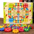 Kids wooden ludo board game with mushroom nail puzzle and colorful gears for family fun - Flying Chess Mushroom Nail