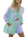 Completo casual a righe da donna camicia a maniche lunghe e pantaloncini alla moda. - Taglia S / Verde E Blu
