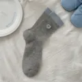 Women cotton mesh mid-calf socks with cute heart bow embroidery and contrast color cuffs summer thin. - One Size / Dark Gray