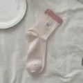 Women cotton mesh mid-calf socks with cute bow embroidery and contrast color pink cuffs. - One Size / Pink