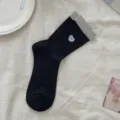 Women cotton mid-tube socks black grey contrast bow heart embroidery breathable summer cute hosiery - One Size / Black