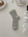 Calcetines grises de tubo medio para mujer con puño acanalado blanco, diseño transpirable diario. - Talla única / Suelas de calcetines gris claro
