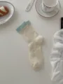 Calcetines de algodón de media caña para mujer con puños acanalados azul claro, transpirables. - Talla única / Suelas de calcetines blanco crema