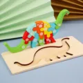 Juguete de rompecabezas 3D de madera de dinosaurio para niños, bloques educativos coloridos. - Puzzle 3D de Dinosaurio