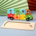 Juguete de rompecabezas de autobus de madera para ninos, bloques educativos Montessori - Puzzle 3D de Autobús
