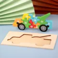 Juguete de rompecabezas de madera con números, camión de remolque educativo colorido. - Puzzle 3D de Vehículo Utilitario