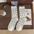 Calcetines mujer algodón corazón Fair Isle retro, calcetín punto lazo estilo universitario - Blanco
