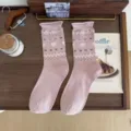 Calcetines de tubo medio de algodón estilo coreano corazón Fair Isle retro con lazo tierno - Rosa