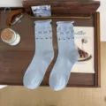 Retro blue knit socks with cute heart patterns, comfy cotton mid-calf socks for daily wear. - Blue