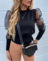 Donna Nero Trasparente Rete Maniche A Puffo Maglia Top Elegante Maniche Lunghe Pullover - Taglia S / Top / Nero