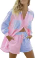 Donna camicia a righe pantaloncini set casual risvolto manica lunga due pezzi moda - Taglia S / Rosa e Blu