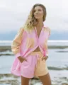 Donna rosa arancione a righe camicia e pantaloncini set casual largo due pezzi - Taglia S / Rosa E Arancione