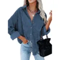 Women's Corduroy Long Sleeve Button Down Shirt Casual Lapel Pocket Jacket Top Daily Wear - Blue