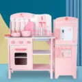 Wooden children's kitchen toy set pink pretend play cooking toy with stove and refrigerator - Nordic Minimalist Pink Kitchen and Refrigerator Combo