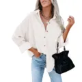 Women solid color corduroy long sleeve button down shirt casual loose blouse top with pocket. - White