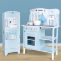 Set cucina giocattolo in legno per bambini con frigorifero e fornello regalo di compleanno - Combinazione Cucina e Frigorifero Blu Minimalista Nordica