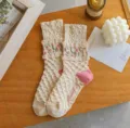 Women retro knit mid-tube socks with cute tulip embroidery and sweet ruffle details - One Size / Vintage Argyle