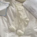 Cream white bow knit mid-calf socks for women, breathable hollow out summer thin casual hosiery. - Hollow Butterfly