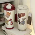 Grote roestvrijstalen geïsoleerde beker met schattige sticker en draagbare riem voor reizen. - 550ml / Wit