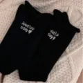 Black cashmere blend women socks with embroidered letter good luck today and roll edge design. - One Size / Black