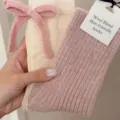 Calcetines de lana bonitos para mujer con lazo de punto rosa, calcetines de invierno. - Calcetines de lana rosa palo