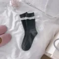 Dark grey lace ribbon bow socks, sweet ballet style jk lolita cute mid-tube hosiery. - One Size / Dark Gray