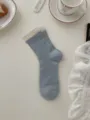 Women mid-calf cotton socks light blue ribbed knit breathable casual daily wear cute - One Size / Blue Sock Soles