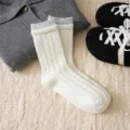 Thickened contrast wool mid-calf socks in white and grey, cozy winter thermal ribbed design. - One Size / White