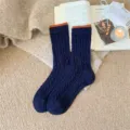 Thickened wool blend mid-calf socks for women, warm winter knit crew socks with speckles. - One Size / Navy Blue
