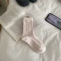Calcetines de mujer de punto trenzado rosa con botón de concha, estilo coreano liso. - Talla única / Rosa Claro