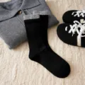Thickened wool blend mid-calf socks with contrast grey cuffs, cozy winter daily wear style. - One Size / Black